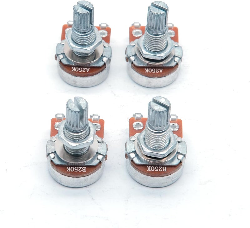 harpfeas 4PCS Mini Guitar Potentiometer Audio Volume Taper Pots for Fender Stratocaster Telecaster Guitar Bass Replacement (Long 18mm, A250K B250K) - Image 1